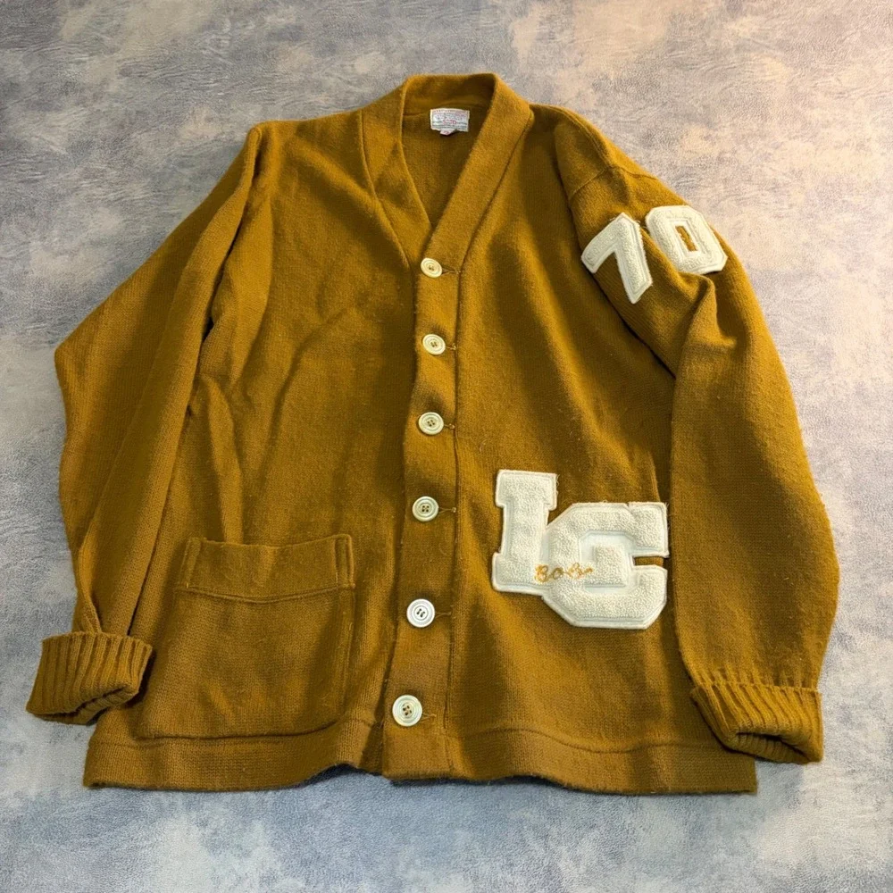 Sand-Knit Varsity Cardigan Sweater Mens 38 (M) Mustard Yellow True‎ Vintage